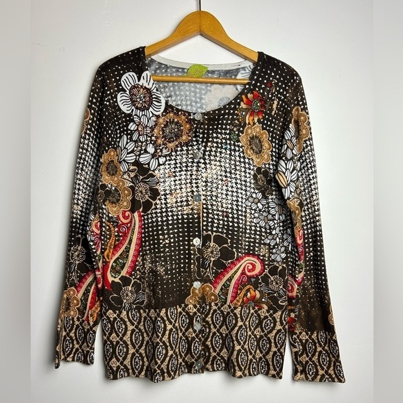 Prima Bella VTG Y2K SZ M Artsy Long Sleeve sequins Fall Paisley Cardigan Sweater - Picture 1 of 14
